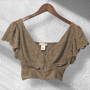 L - Urban Romantics Sage Green Eyelet Flutter Sleeve Crop Top